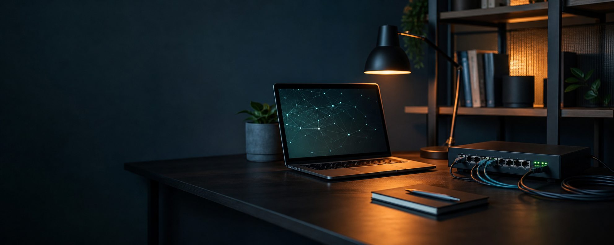 Postazione tecnologica con laptop e infrastruttura di rete